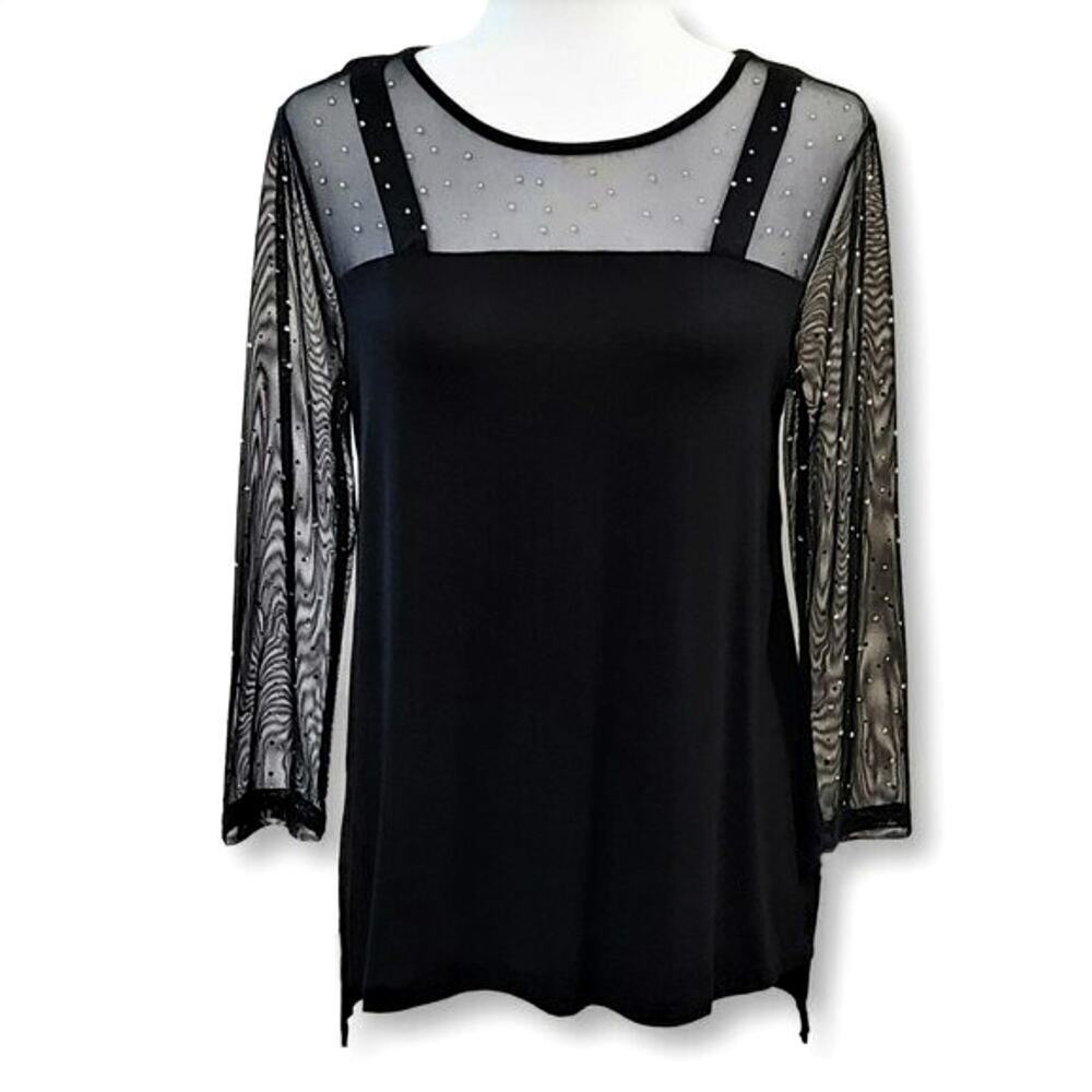 NWT Cable & Gauge Women's Mesh Yoke Rhinestone Hi-low Hem Blouse Top
